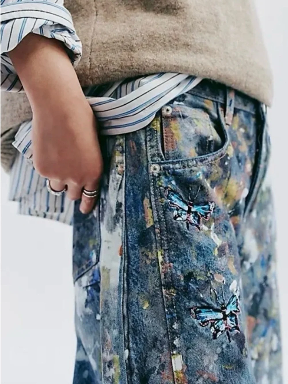 Free People Blue Paint-Splatter Wide-Leg Jeans with Butterfly Motif